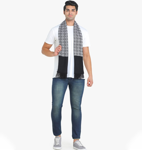 Men Black & Grey Patterned Merino Wool Muffler